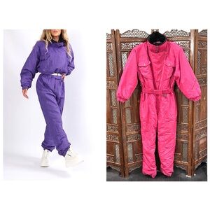 VINTAGE BRITISH SUB ZERO WOMEN SKI SUIT ONE PIECE PINK FUR COLLAR BARBIE UK 14 L